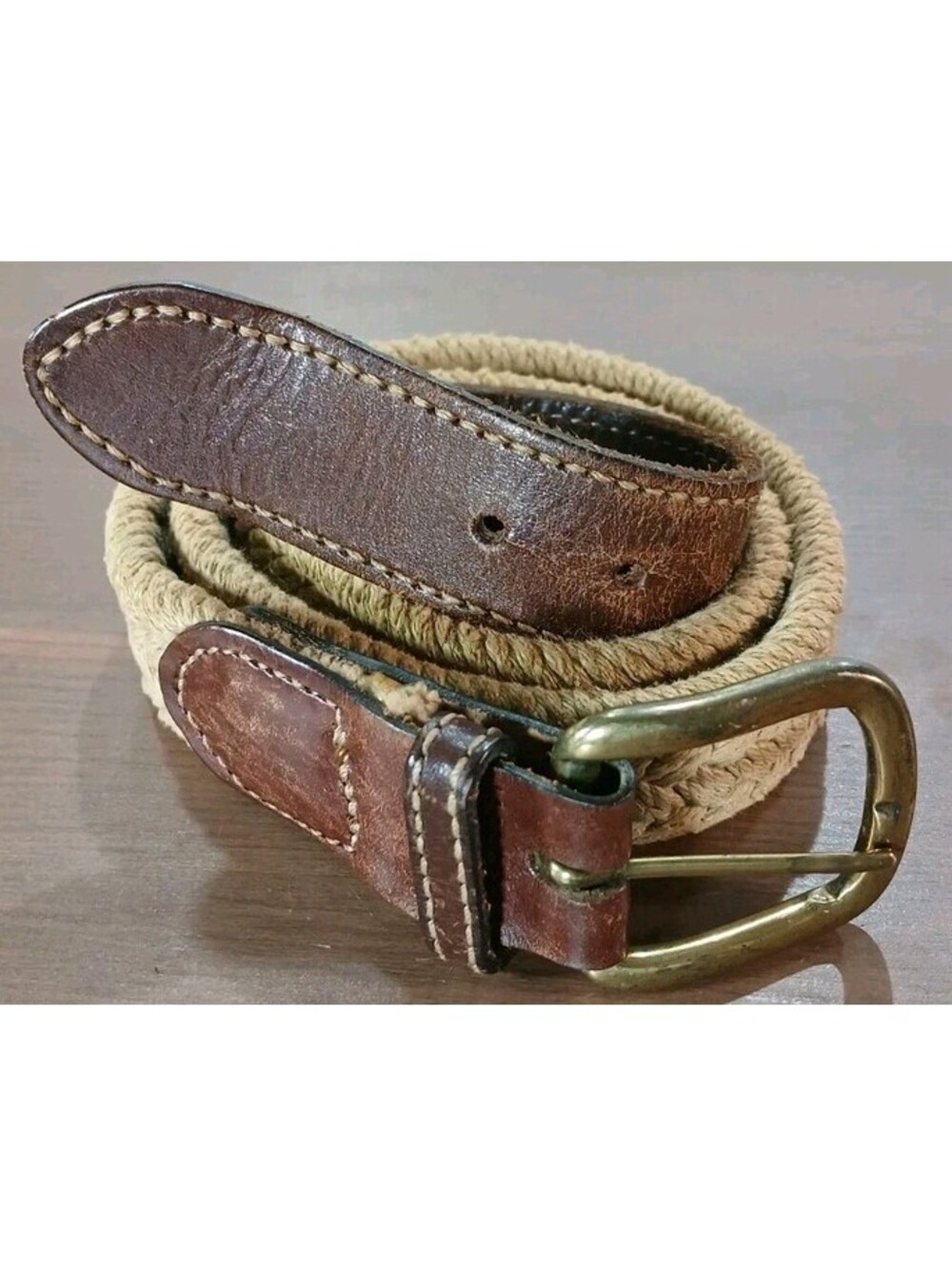 MADE in USA - VTG -S-30-32 Hand-Braided Jute Leather Belt Brass D-Buckle 16-5208